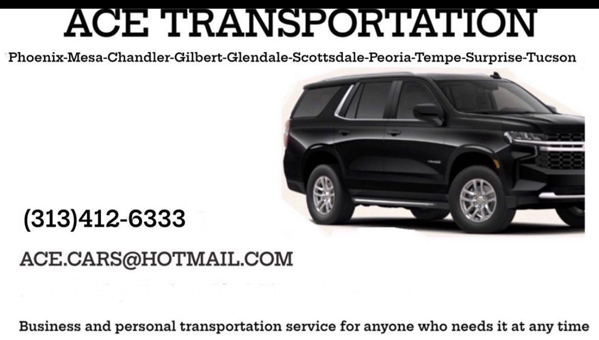 Ad for Ace Transportation with contact info and image of a black SUV, listing Arizona cities served.